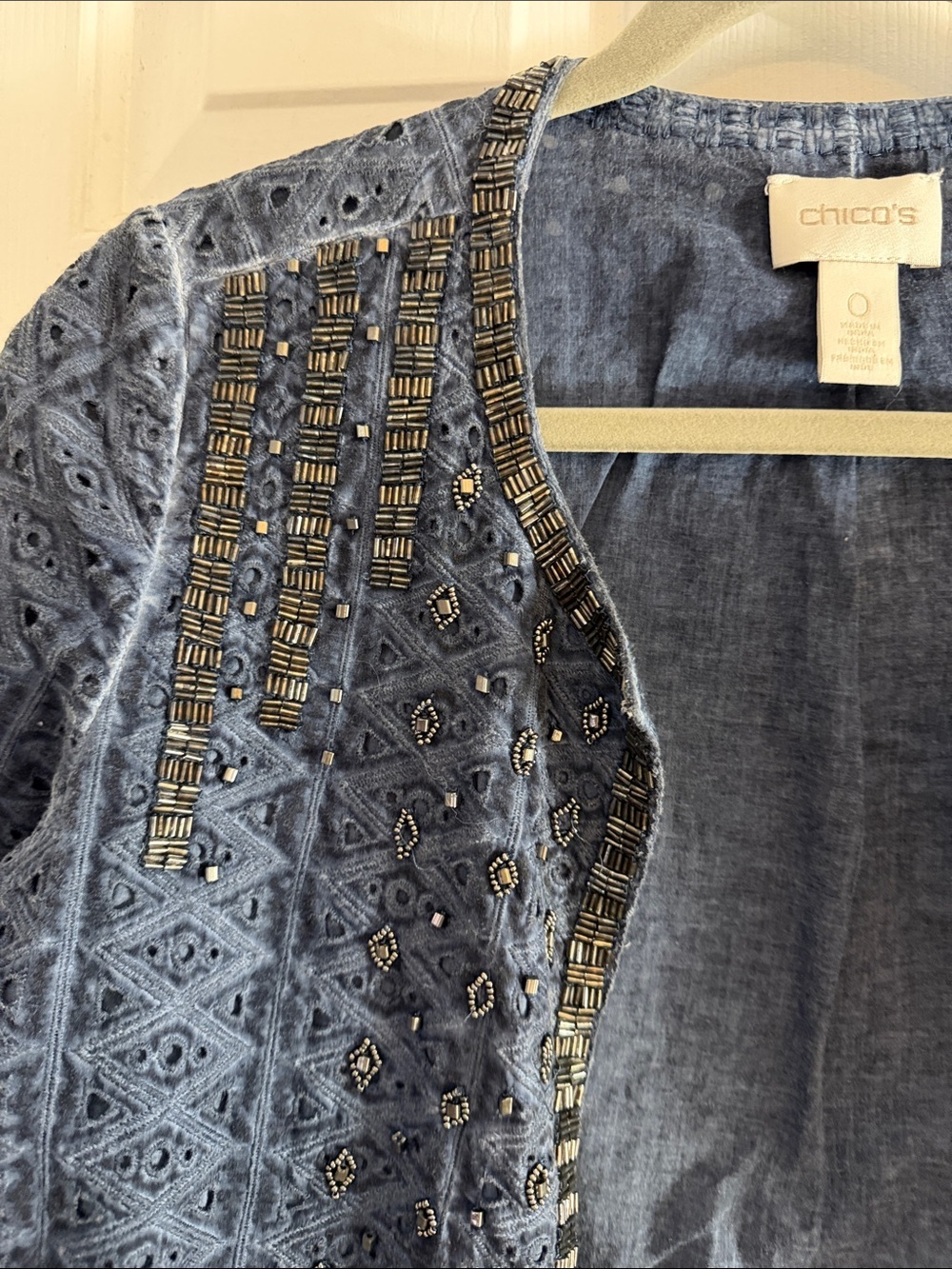Chicos | Blue Eyelet Embellished Jacket size 4 / small beaded - Picture 3 of 5
